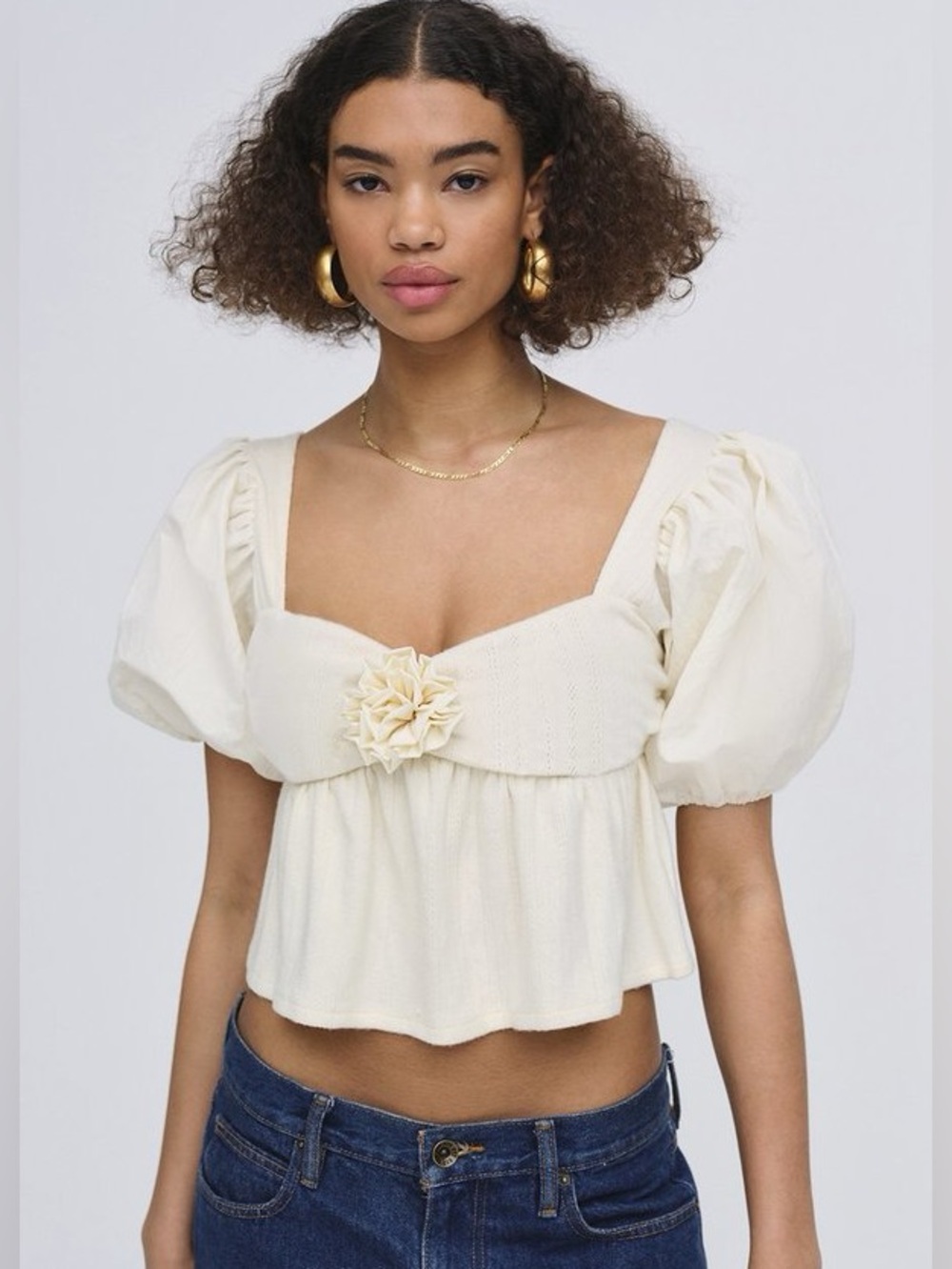 For Love And Lemons Cream Puff-Sleeve Peplum Top with Rose Accent